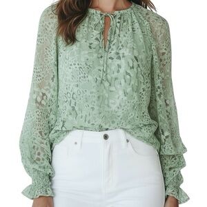 NWT RAMY BROOK Printed Long Sheer Ruffle Sleeve Tie Front Blouse Size Small